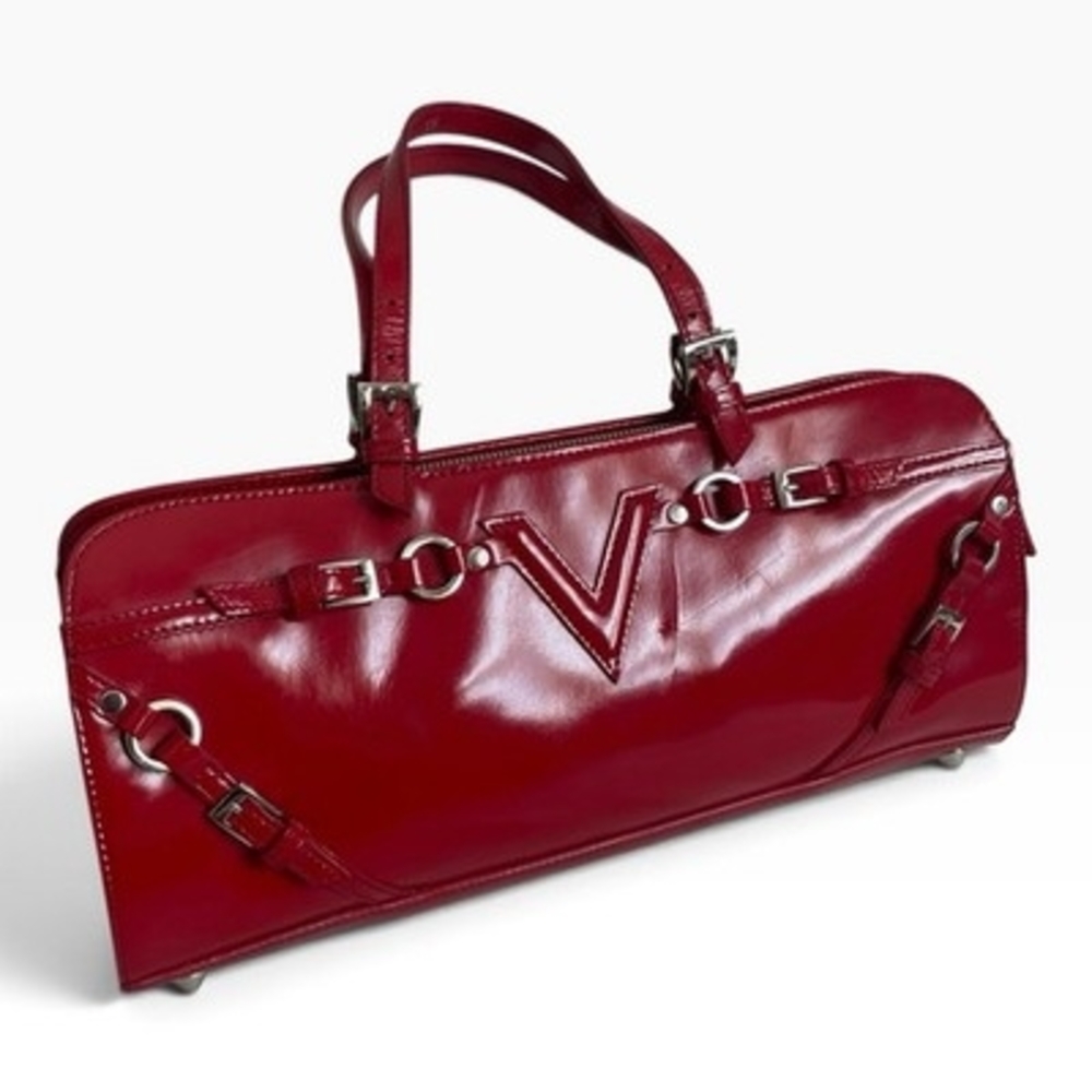 Via Spiga Red Patent Leather Handbag 100% Leather Silver Hardware 13.25x4x6" VG